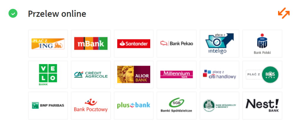 ING Bank Śląski, mBank, Santander Bank Polska SA, Pekao SA, Inteligo, PKO Bank Polski, Getin Bank, Noble Bank, Bank Paylink Idea, Crédit Agricole, T-Mobile Usługi Bankowe, Euro Bank SA, Alior Bank, Bank Polskiej Spółdzielczości, Bank Millennium, BNP Paribas płacę z żółty online, City Bank Handlowy, Bank Ochrony Środowiska, BNP Paribas płacę z pl@net, Bank Pocztowy, Plus Bank, SGB-Bank S.A., Bank Spółdzielczy w Brodnicy, Nest Bank, EnveloBank.