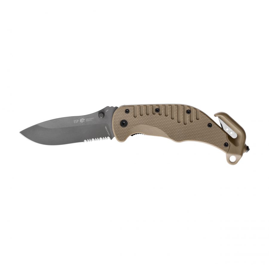 ESP rescue knife with half serrated khaki blade 1/5