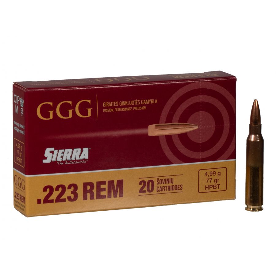 GGG cal .223 Rem 77 gr Sierra HPBT ammunition 1/2