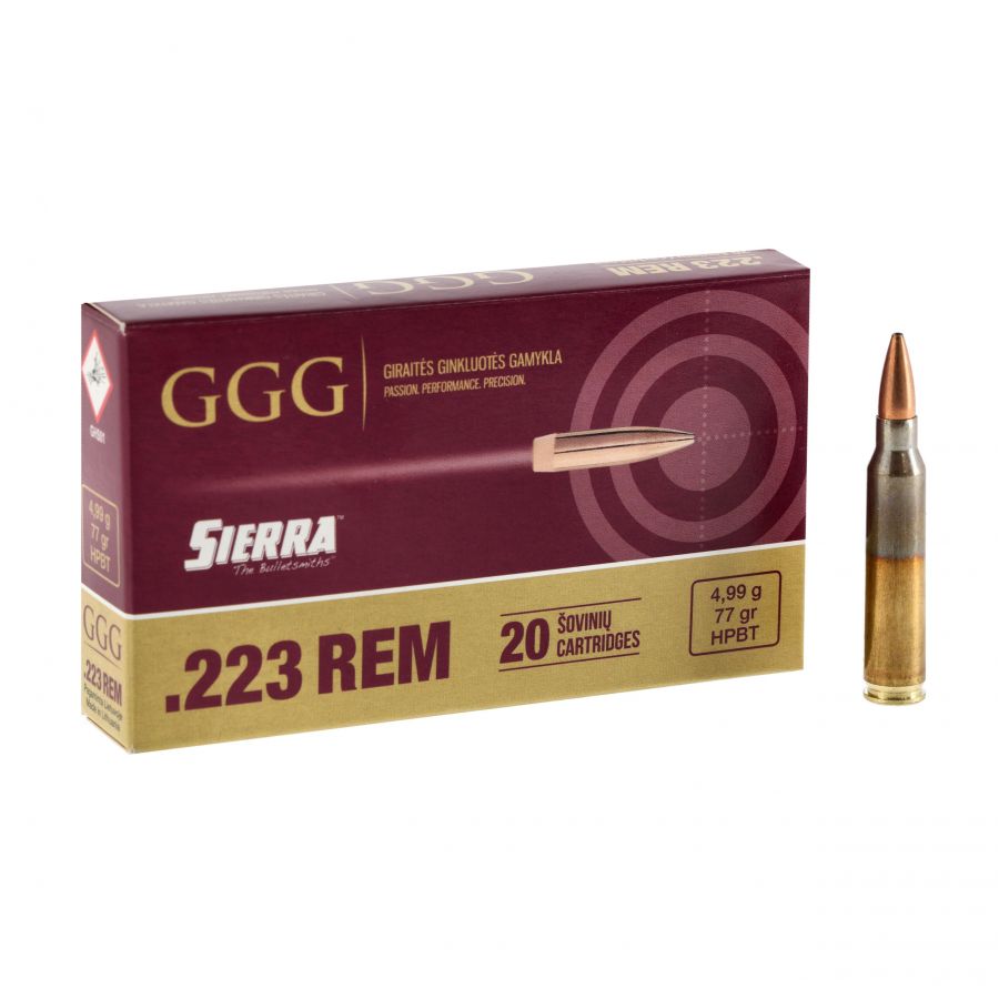 GGG cal .223 Rem 77 gr Sierra HPBT ammunition 1/4