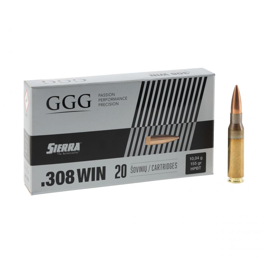 GGG cal .308 Win 155 gr Sierra HPBT ammunition 1/4