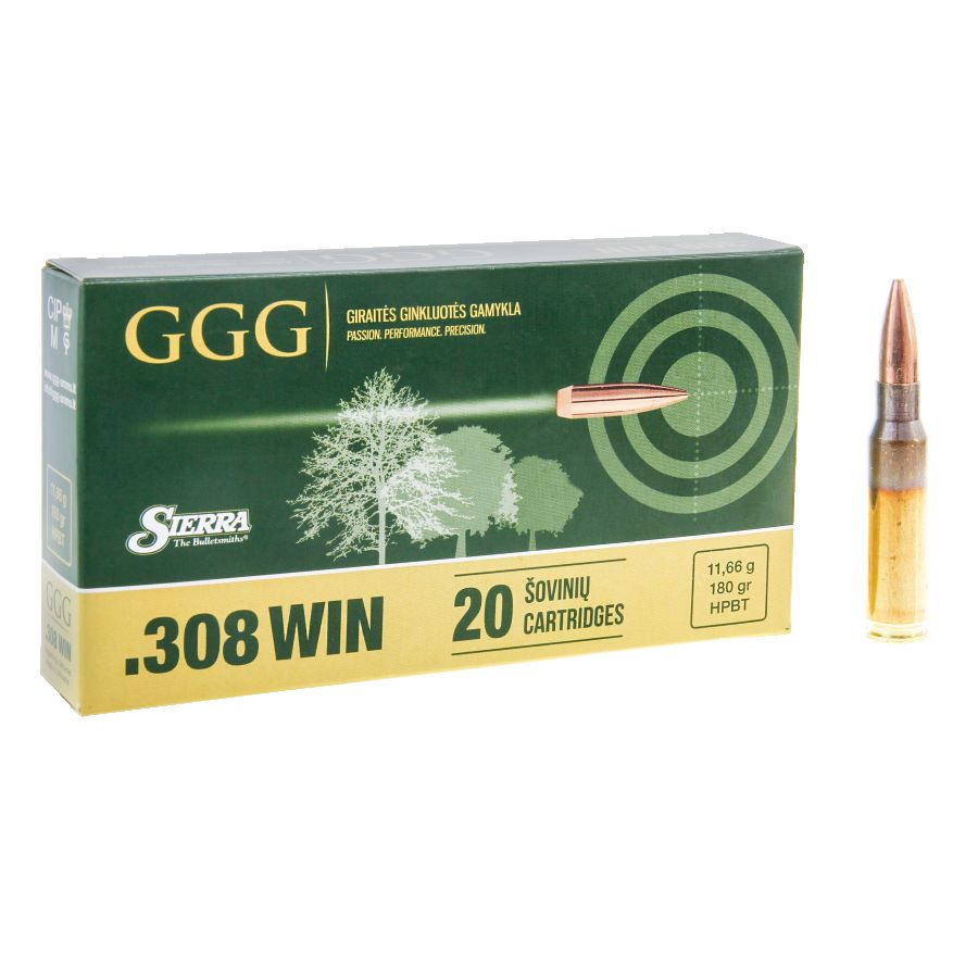 GGG cal .308 Win 180 gr Sierra HPBT ammunition 1/2