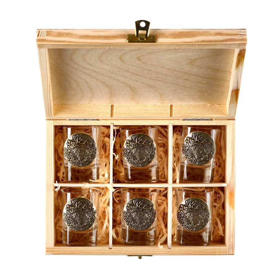 Kieliszki Golden Fox Qube z odlewaną plakietką mosiądz 6 szt. w drewnianym pudełku 4/6
