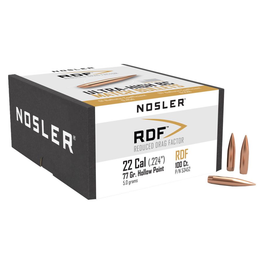NOSLER HPBT RDF .22 (.224) 77gr 100pcs bullet. 1/2