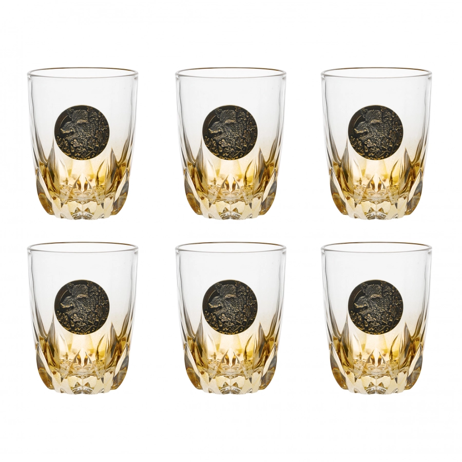 Szklanki do whisky Golden Fox Fire Amber Dzik zdobione odlewanym elementem, bursztynowy natrysk 6 szt. 1/6