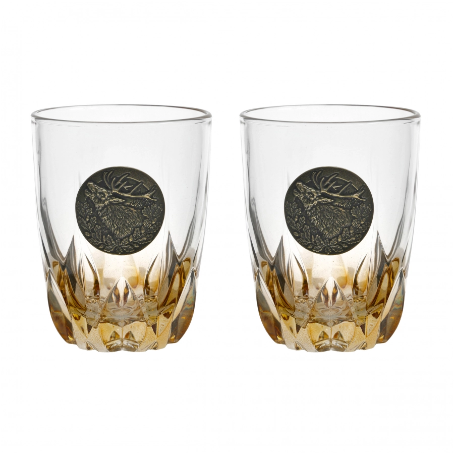 Szklanki do whisky Golden Fox Fire Amber Jeleń zdobione odlewanym elementem, bursztynowy natrysk 2 szt. 1/5