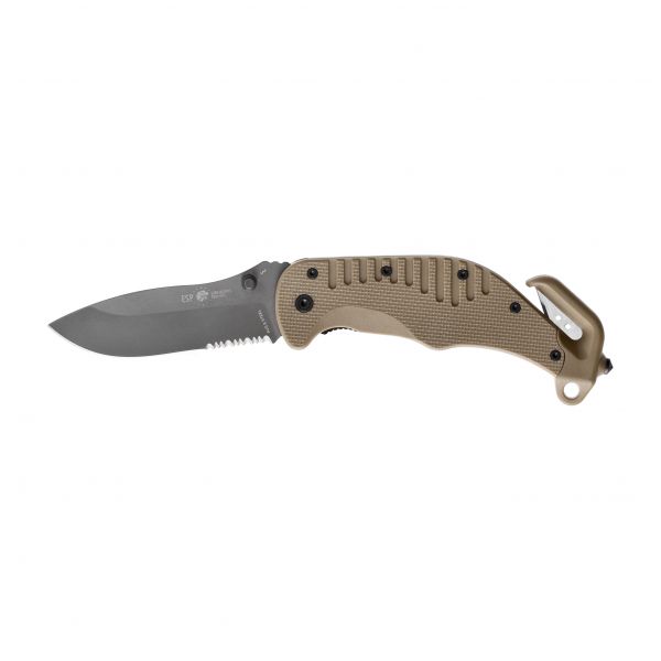 ESP rescue knife with half serrated khaki blade