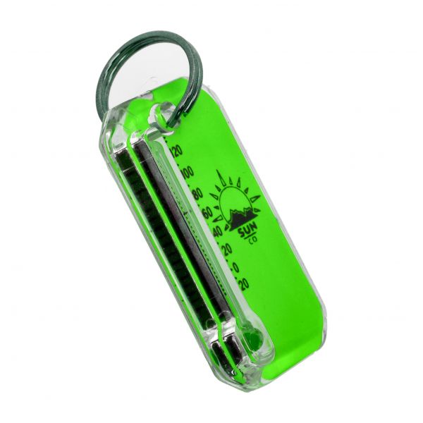 Sun Co. thermometer keychain. Zip-O-Gage Neon Green