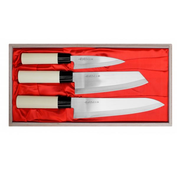 Zestaw 3 noży Satake Megumi Szefa kuchni / Santoku Bunka / nóż uniwersalny
